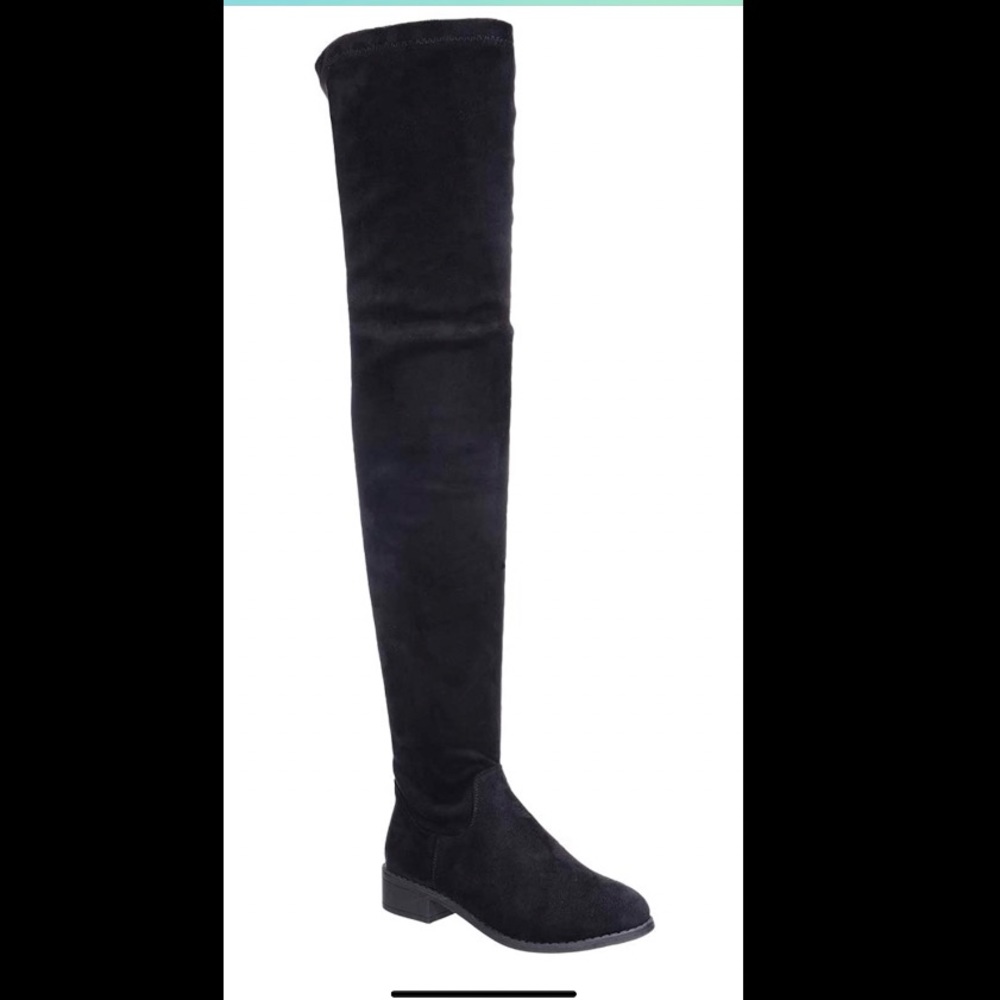 Sz 6 black thigh high faux suede boots 1”heel
